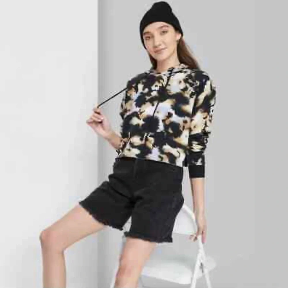 𝅺WILD Fable Women's Hoodie Cropped Hoodie - Black Multi Tie Dye - Picture 8 of 12